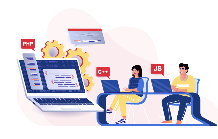 Students learning programming fundamentals on their laptops