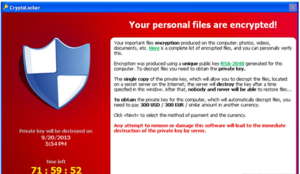 Screenshot of CryptoLocker attack