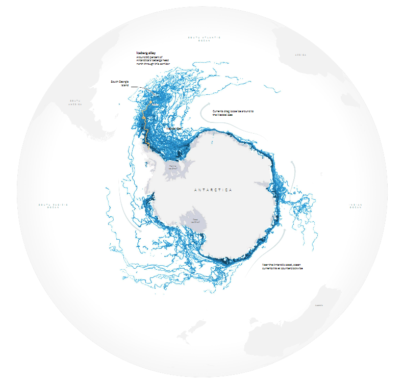 The chart compares the size of the berg to the size of 66 countries or territories.
