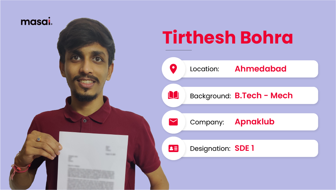 Tirthesh Bohra a Masai student working in ApnaKlub as a SDE 1 